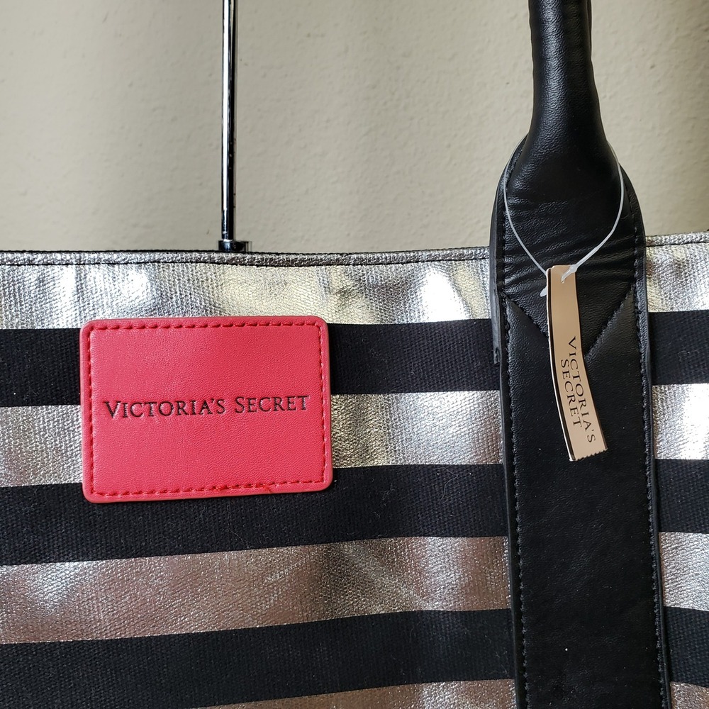 Victoria's Secret Black Silver Stripe Tote Bag Logo Front Weekender CarryAll NWT - Picture 2 of 13